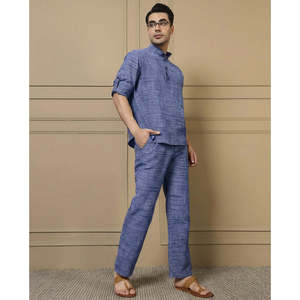 Amanush Men's Blue Cotton Textured Plaid Co-ord Set Mandarin Collar Kurta <b>Pyjama</b> Set Casual <b>Summer</b> Wear Breathable Full Length - Product Image 5