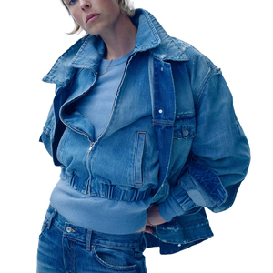 Blouson bomber en denim de coton uni pour femme, fermeture à boutons en corne, matelassé, respirant, écologique, décontracté, printemps, délavé, gothique - Product Image 5