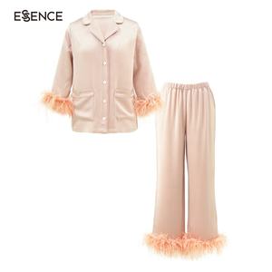 Womens Feather Party Nachtwäsche Set Zweiteiliges Homewear Top und Hosen Chic Straußen besatz Langer Pyjama - Product Image 1
