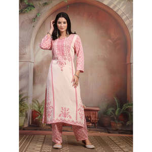 ชุดคุर्ตาผ้าเรยอนสีขาวสำหรับผู้หญิงสไตล์ลำลอง พร้อมกางเกงปาลาซโซ่ แขนสามส่วน ผ้าเครปพิมพ์ลาย - Product Image 2