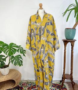 Kimono de verano con estampado de bloque indio de algodón puro, bata de playa Floral para mamá, cómoda Maternidad, amarillo mostaza, hasta el suelo - Product Image 1