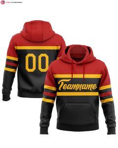 Sweat-shirt de sport 100% coton cousu sur mesure Sweat-shirt à capuche d'hiver noir or-ligne rouge Logo avant teint uni motif solide - Product Image 1