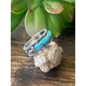 Zuni Turquoise Sterling <b>Silver</b> Inlay <b>Ring</b> Size 6.25-Natural Gemstone Jewelry for <b>Men</b> - Product Image 3