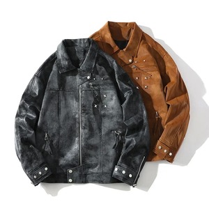 แจ็กเก็ตหนังลำลองคู่สีเทาดอกไม้สำหรับผู้ชายตกแต่งโลหะผิวแกะและผ้าใบชนิดปกติสำหรับคู่รัก - Product Image 2