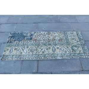 Alfombra Vintage de 2.2x5.1 pies, Alfombra Turca Pequeña, Alfombra de Lana Azul Abstracta - Product Image 4