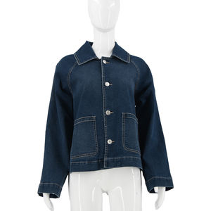 Veste de travail en coton indigo foncé pour femmes, coupe ample minimaliste, vêtements d'extérieur avec manches raglan, décoration en cristal, veste en jean décontractée - Product Image 1