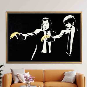 Tableau sur toile imprimé avec le graffiti banane de Banksy - Décoration unique, TOILE ENCARTÉCHÉE DORÉE - Product Image 1