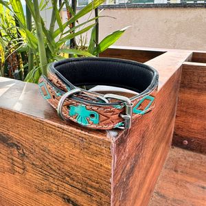 Hand Tooled Leather Dog Collar Turquoise Eagle Tooling Genuine Cow Leather Small Medium Large Durable Comfortable Dog Collars - Product Image 4