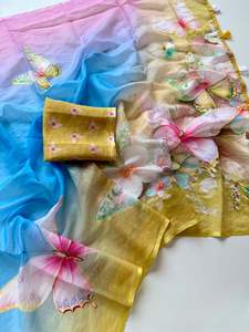 Sari de Lino para Uso Diario Femenino con Borde Dorado, Hermoso Sari Informal Tradicional Hecho en India - Product Image 2