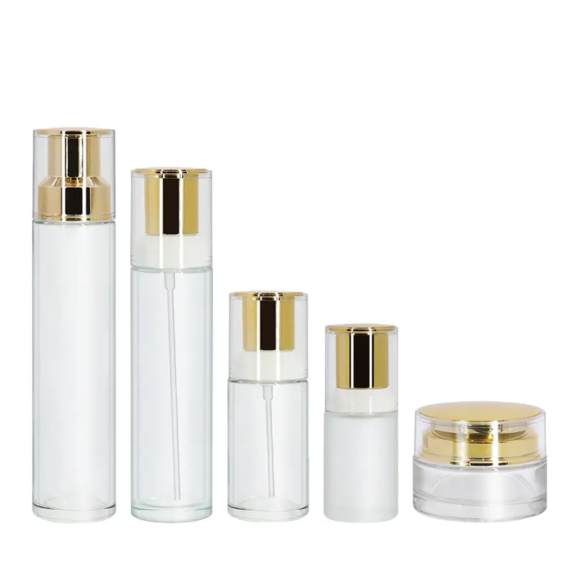 Luxury Transparent 100Ml 120Ml Frosted Glass Cosmetic Lotion Pump Bottle And Jar Set With Golden Plating Lid