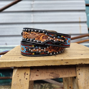 Cinturón de Rodeo de Cuero de Grano Completo Hecho a Mano, Acentos de Cuentas, Aleación Extraíble, Estilo Vintage Personalizado, Ropa Occidental para Hombres y Mujeres - Product Image 4