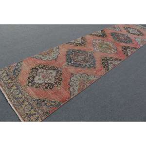 Vintage <b>Runner</b> Rug 3.37x13.3 ft, <b>Red</b> Bordered Turkish Wool Rug - Product Image 2