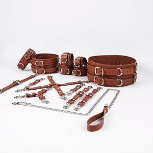 Ensemble de retenue BDSM Différentes couleurs et options matérielles Ceinture et poignets de cuisse BDSM-0015 en cuir de vachette véritable - Product Image 2