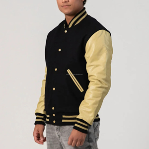 Veste universitaire unisexe en laine avec manches en cuir, fermeture éclair, patchwork, coupe-vent, style bomber, uniforme d'équipe universitaire - Product Image 3