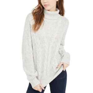 Crave Fame Women's Junior <b>Turtleneck</b> Cable Knit <b>Sweater</b> Silver X-Small Breathable Casual Open Style for Winter Autumn Front Logo - Product Image 1