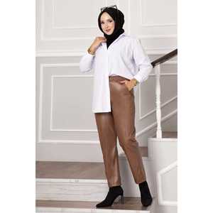 Pantalones Casuales de Cuero Color Bronceado con Cintura Elástica, Opciones de Cintura Alta y Media, Estilo Lápiz, Tela con Efecto Arrugado, Mezcla de PU - Product Image 3