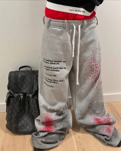 Pantalon gothique américain pour hommes Pantalon double couche lâche Hip-hop Rap Street Trendy Old Inkjet Painted Letter Printing Washed - Product Image 1