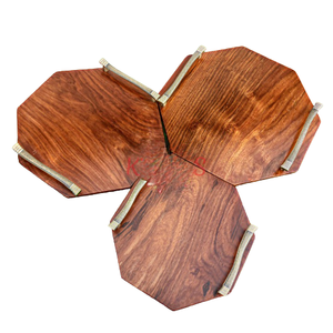 Juego de 3 bandejas tradicionales talladas en madera de sheesham 100% pura con asas metálicas, artesanía en madera de Pakistán - Product Image 5