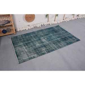 Alfombra moderna de lana azul-Diseño de retales hecho a mano de 3,6x5,9 pies para sala de estar Dormitorio Respaldo de látex Patrón rectangular abstracto - Product Image 3