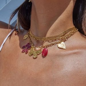 Stainless Steel Necklace and <b>Bracelet</b> <b>Set</b> for Women Heart Pendant Natural Stone Pink Diamond Red Flower Butterfly & Star Design - Product Image 2