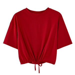 Lo último 2023, nuevo diseño, camisetas para mujer, cuello redondo, camisetas casuales de algodón de manga corta lisas, Top corto para mujer, cintura elástica - Product Image 2