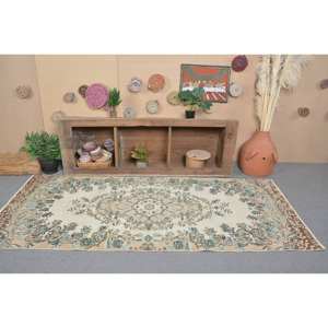 Alfombra de lana turca vintage de 3,8x8,5 pies, tejido plano de retazos beige y azul para decoraciones de sala de estar con respaldo de látex - Product Image 4