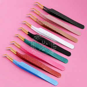 Bulk Custom Logo Gold Tip Pink Glitter Lash Tweezers 45 Degree Japanese Steel Eyelash Extension Russian Volume <b>Precision</b> <b>Tool</b> - Product Image 1