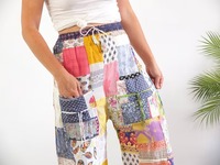 Vintage indien Patchwork Boho Floral pantalon 90s Hippie taille élastique pantalon large jambe pour l'été