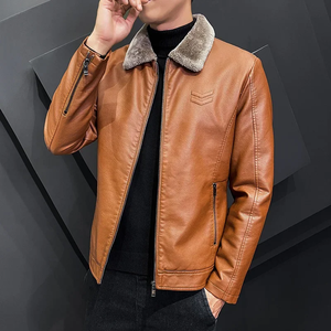 Veste en cuir épaissie à la mode en hiver, revers solide, fermeture à glissière, veste en cuir grande taille pour hommes, bombardier, manteau polaire - Product Image 3
