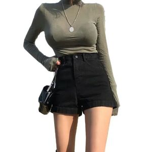 Pantalones cortos informales negros de cintura alta para mujer, pantalones vaqueros de pierna ancha a la moda de primavera y verano con cierre de cintura elástica transpirable - Product Image 1