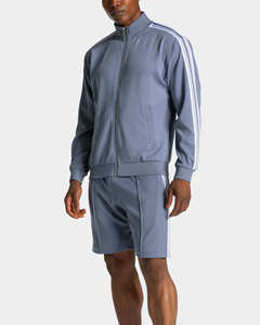 Ensemble de survêtement deux pièces pour homme avec veste zippée bleue personnalisée et pantalon de jogging à rayures – Tenue de sport respirante pour hommes - Product Image 5