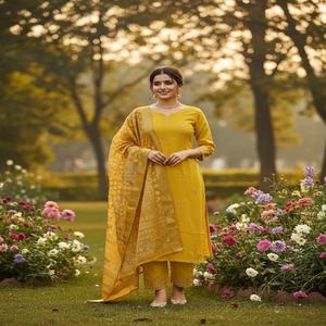 Vêtements décontractés en soie romaine avec broderie Kurti Pant et Dupatta Fabricant et fournisseur de mode féminine de Surat - Product Image 1