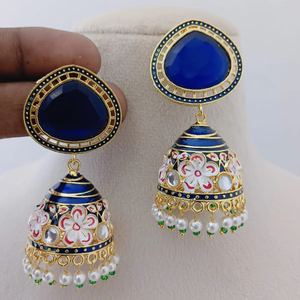 Hand-Painted Red Meenakari Brass Imitation Pearl 2.5 Inch Drop <b>Earring</b> Set Unique Collection Handmade Artisan Women - Product Image 1