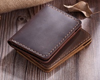 Dompet Kartu Kredit Kulit Asli Buatan Tangan Pria Vintage Minimalis Tahan Air Tipis Pendek Terbuka untuk Saku Depan Dapat Disesuaikan