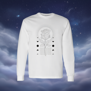 Camiseta de Manga Larga Premium con Símbolos Místicos de Rosa, Sol, Agua, Fase Lunar y Horóscopo, Ropa Promocional Elegante - Product Image 3
