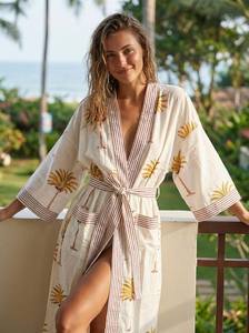 ชุดคลุมกิโมโนผ้าฝ้ายพิมพ์ลายต้นปาล์มด้วยมือ 100% ผ้าฝ้าย ชุดคลุมอาบน้ำผู้หญิงสไตล์อินเดีย ชุดคลุมลำลองน้ำหนักเบา ไซส์ใหญ่ - Product Image 4