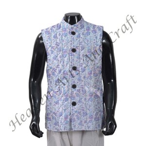 Indian Hand Block Printed Floral Quilted Jacket For Men's All Seasons Casual Button Decoration Style Block Print Cotton Jacket - Product Image 4