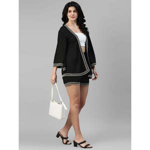 Deebaco Women's <b>Black</b> 2 Piece Co-Ord Set V-Neck 3/4th Sleeves <b>Sequined</b> Trim Loose Fit Casual Blazer With Short Summer Outfits - Product Image 1