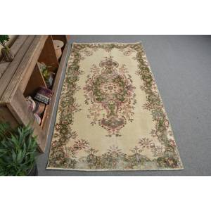 Tapis turc vintage, grande surface de 3.6x6,6 pieds, fait à la main, en laine, vert, beige, patchwork, design rectangulaire, couloir, latex pour décoration de chambre - Product Image 1