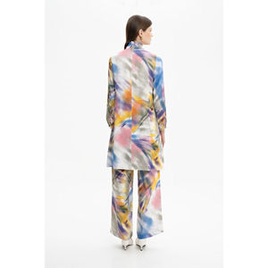 Ladies <b>Blue</b> Satin Patterned <b>Tunic</b> with Ruffle Detail Casual Long Bow Collar Top - Product Image 4