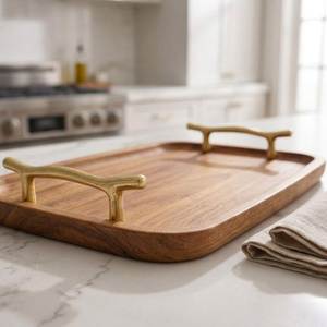 Plateau de service rectangulaire moderne en bois avec poignées métalliques décoratives, plateau de table basse ottoman en bois, plateau de luxe pour cuisine - Product Image 1