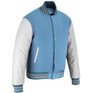 Blouson universitaire OEM 2026 bleu ciel en laine avec manches en cuir blanc pour homme – Veste d'hiver chauffante de haute qualité à faible MOQ - Product Image 5