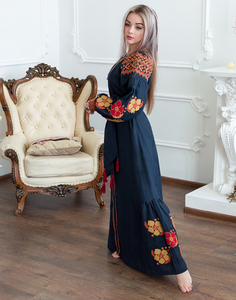 Vêtements Boho broderie ukrainienne conçoit des robes en lin avec gland correspondant ceinture robes Maxi à manches longues - Product Image 3