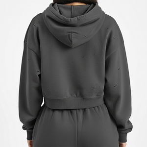 เสื้อฮู้ดครอปท็อปผ้าฟลีซคอตตอน 100% คุณภาพสูงสำหรับผู้หญิง สีพื้น หนานุ่ม แบบขาดๆ - Product Image 5