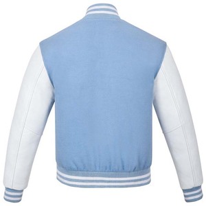 <b>Light</b> Blue Color Wool Body With White Color Leather Sleeve Varsity <b>Men's</b> <b>Jackets</b> OEM Custom Button Up Breathable Baseball <b>Jacket</b> - Product Image 3