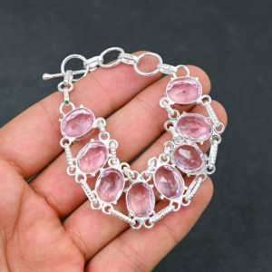สร้อยข้อมืออัญมณี kunzite สีชมพูสร้างจากนักออกแบบสร้อยข้อมือเงินสเตอร์ลิงชุบทำด้วยมือสไตล์โซ่สำหรับงานแต่งงานสุดหรู - Product Image 4