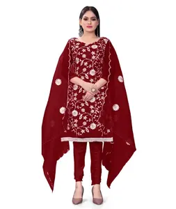 Moderne Modeontwerper Indian Pakistani Gazon Linnen Georgette 3-delige Pakken Beschikbaar Op Groothandelsprijs Feestjurken