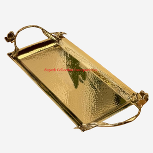 Plateau de service de luxe en métal doré de qualité Plateau de service pour collations et desserts Design antique Accent floral Accessoires de cuisine en vente - Product Image 4