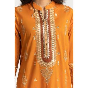 Ensemble de costume brodé en lin 3 pièces couleur moutarde pour femmes - Product Image 1