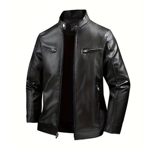 Veste en cuir pour homme de haute qualité, couleur noire, fermeture éclair sur le devant, quatre poches, vêtement décontracté, veste en cuir chaude pour l'hiver pour adulte - Product Image 1